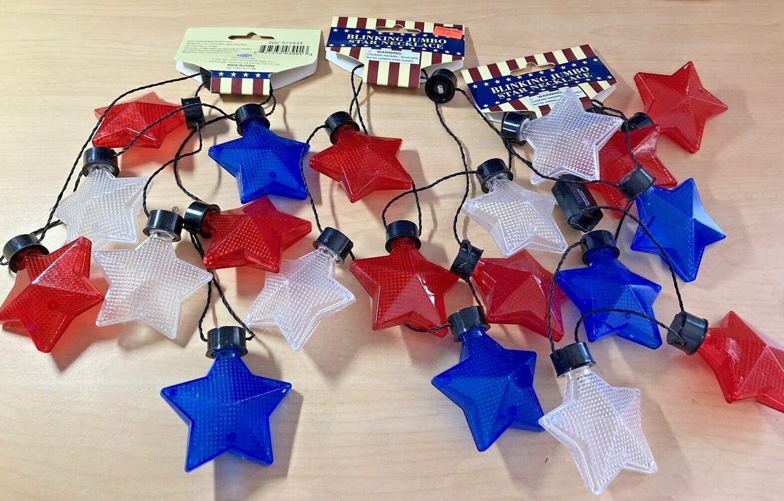 3 Necklaces Blinking Jumbo Stars Red White Blue Novelty Party Beach