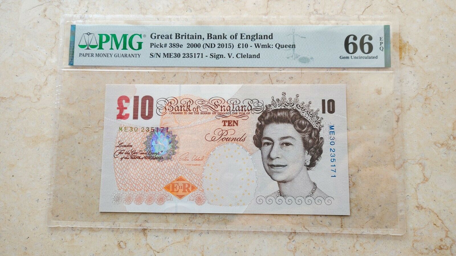 Great Britain P#389e 10 Pounds Banknote Sign.v.cleland Pmg 66 Gem Unc