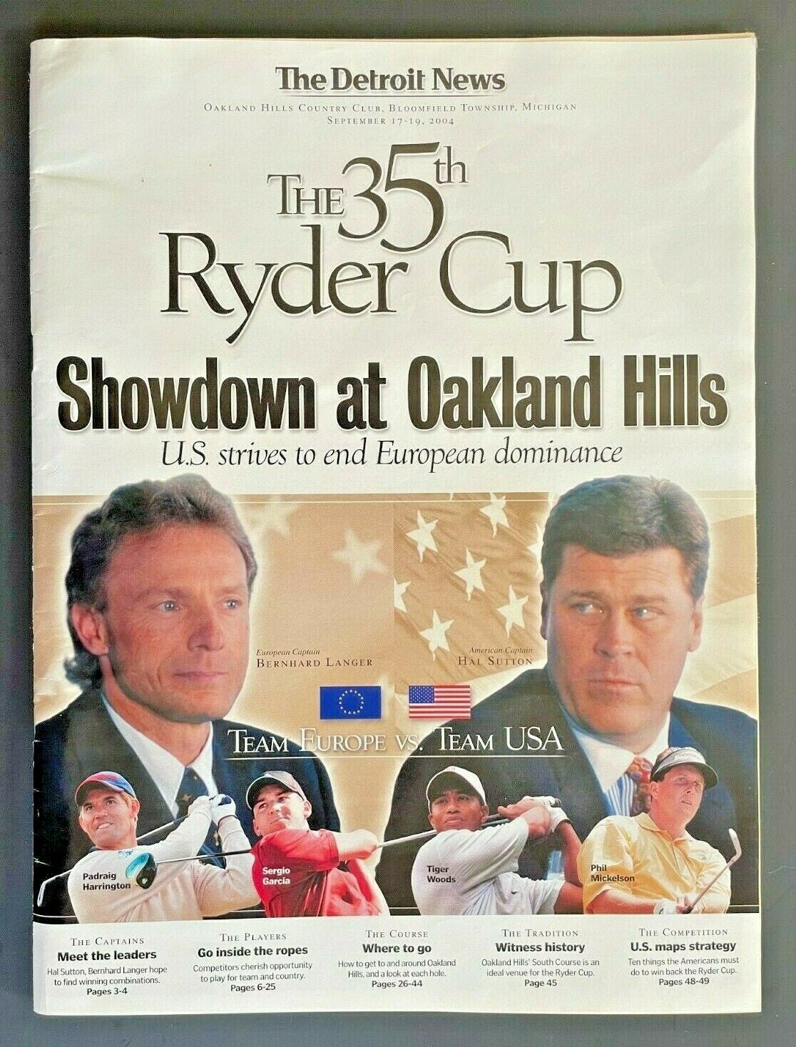 2004 The 35th Ryder Cup Detroit News Insert Program Oakland Hills Usa Europe Pga