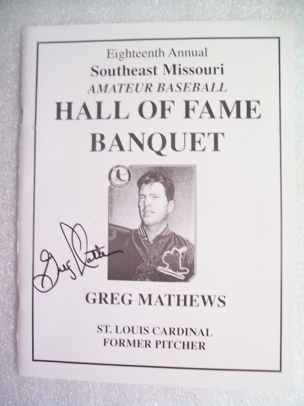 1986 8th Annual Southeast Mo Hall Of Fame Banquet Greg Mathews Signed, Cardinals
