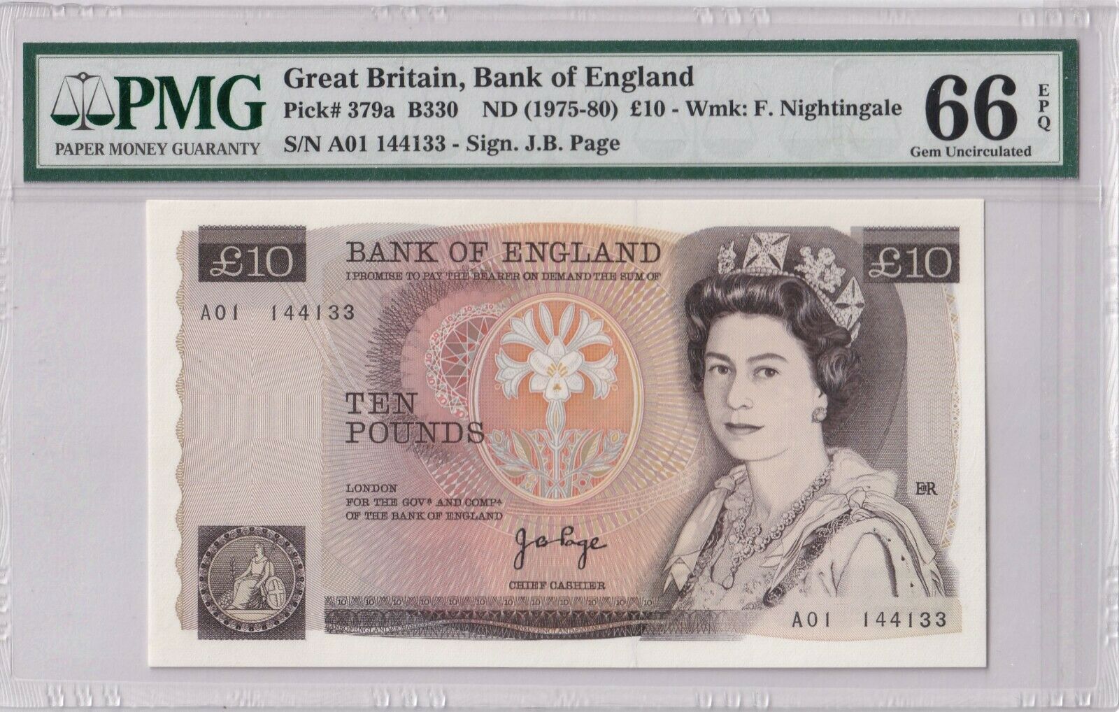 Great Britain A01  P#379a 10 Pounds Banknote Nd1975 Sign.page Pmg 66 Unc